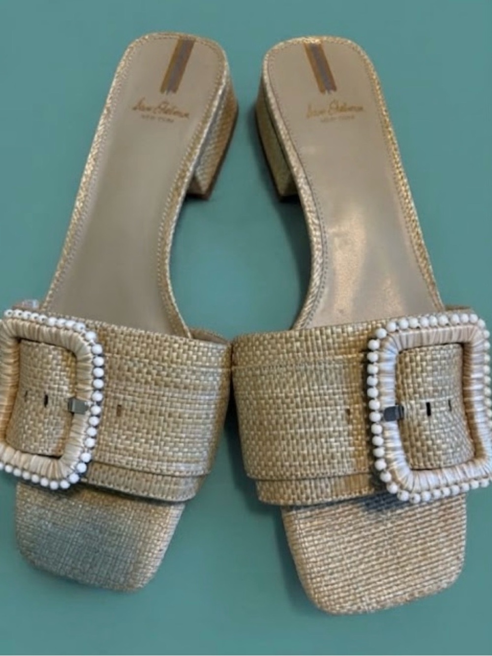 Sam Edelman Beaded Buckle Raffia Slide Mules in Natural size 9.5